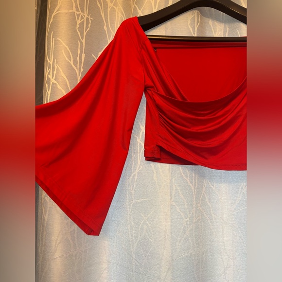 Red Asymmetrical Ruched Crop Blouse - Picture 3 of 5